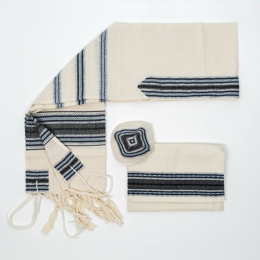 Elegant Gabrieli * | Gabrieli Tallit Gabrieli Tallits Adam Cotton Tallit Blues And Silver On Off-White