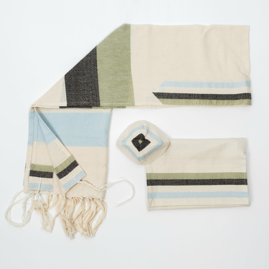 Elegant Gabrieli * | Gabrieli Tallit Emanuel Cotton Tallit Blue And Green Wide Stripes On Off-White Gabrieli Tallits